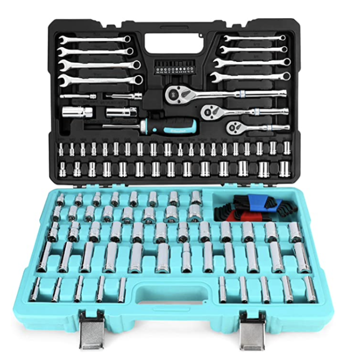 Kit di attrezzi per meccanici e set di bussole DURATECH da 138 pezzi, comprendente bussole metriche SAE, cricchetto a 90 denti e set di chiavi per la riparazione di autoveicoli
