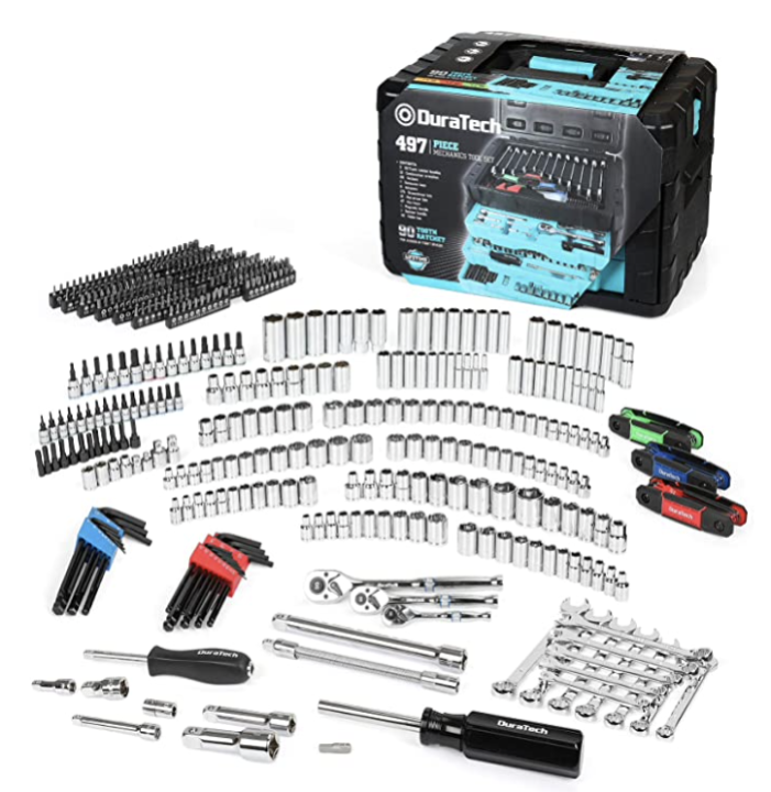 DURATECH 497-Piece Mechanics Tool Set, Include SAE_Metric Sockets, 90-Tooth Ratchet and Wrench Set in 3 Drawer Tool Box